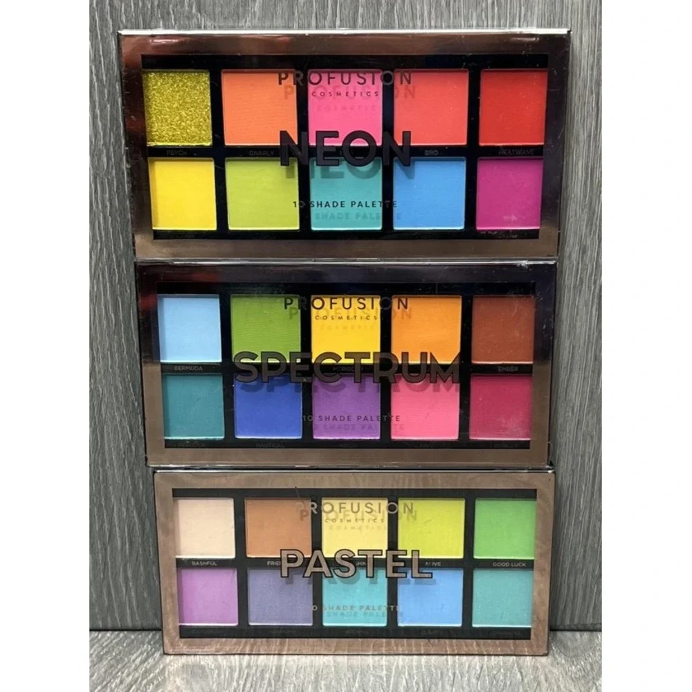 Profusion Cosmetics 3 Palette Set Neon Spectrum Pastel Eyeshadow 10 Shade New